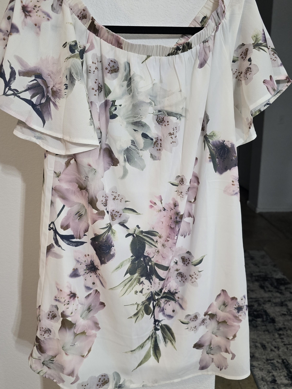 Lulu's Ivory Floral Off-Shoulder Blouse with Soft Pink and Green Accents